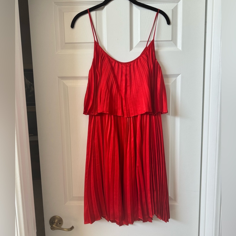 Halston Heritage Pleated Silk Red Swing Dress - Picture 2 of 9